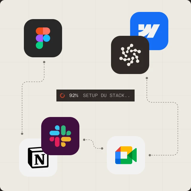 Phase 01 — Initialisation : Figma, Webflow, Notion, Slack et Google Meet reliés autour du logo Cosmeek, avec la barre « setup du stack ».
