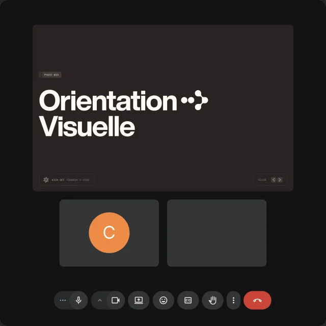 Phase 02 — Exploration : visioconférence d’atelier, « Orientation Visuelle » à l’écran.