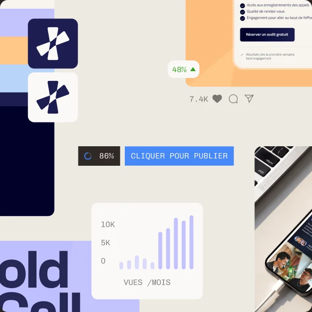 Phase 05 — Activation : déclinaisons de la marque, bouton « Cliquer pour publier », statistiques de publication, site sur mobile.